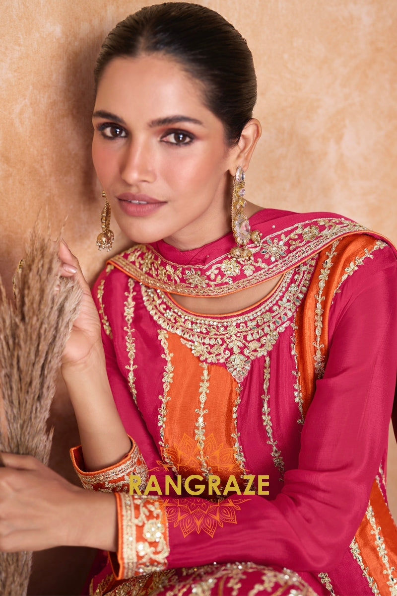 Fuchsia Flame Chinnon Silk Embroidered Sharara Suit – The Essence of Festive Glamour