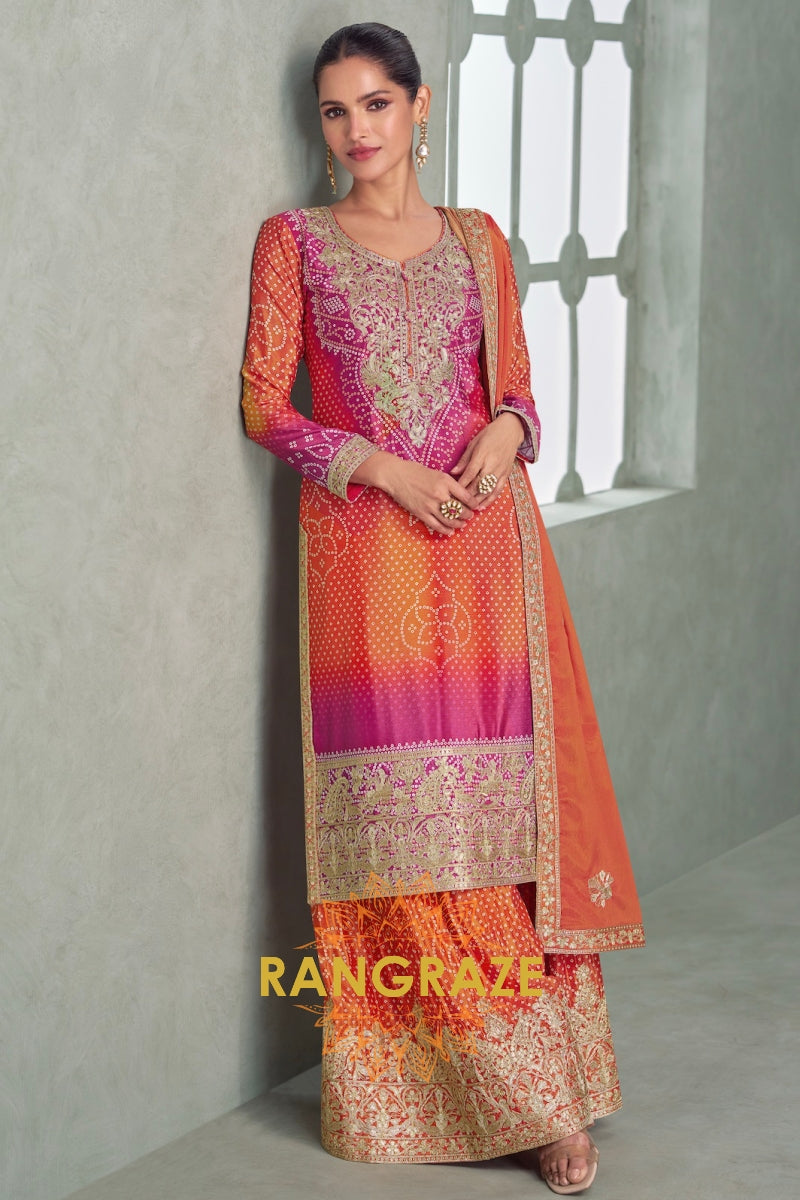 Sunset Radiance Chinnon Silk Embroidered Suit Set – A Celebration of Warmth and Grace
