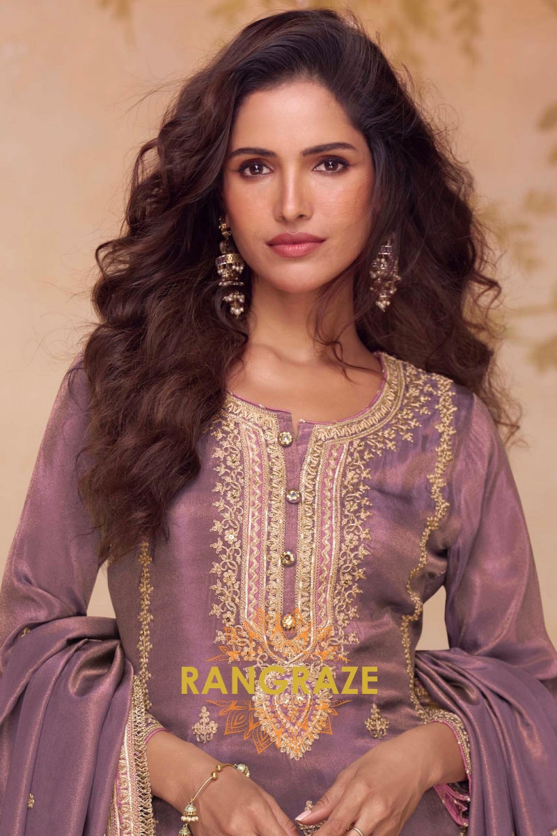 Mulberry Glow Silk Embroidered Suit Set – A Symphony of Regal Grace