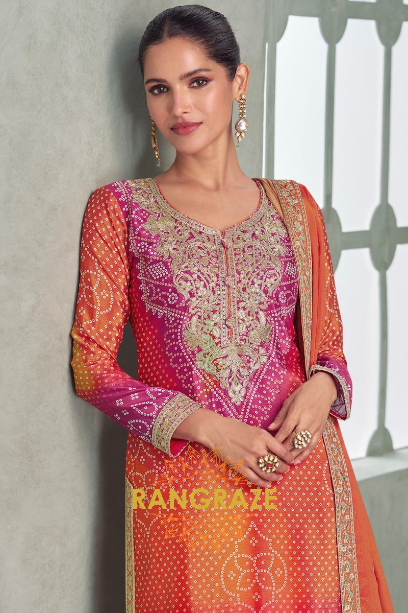 Sunset Radiance Chinnon Silk Embroidered Suit Set – A Celebration of Warmth and Grace