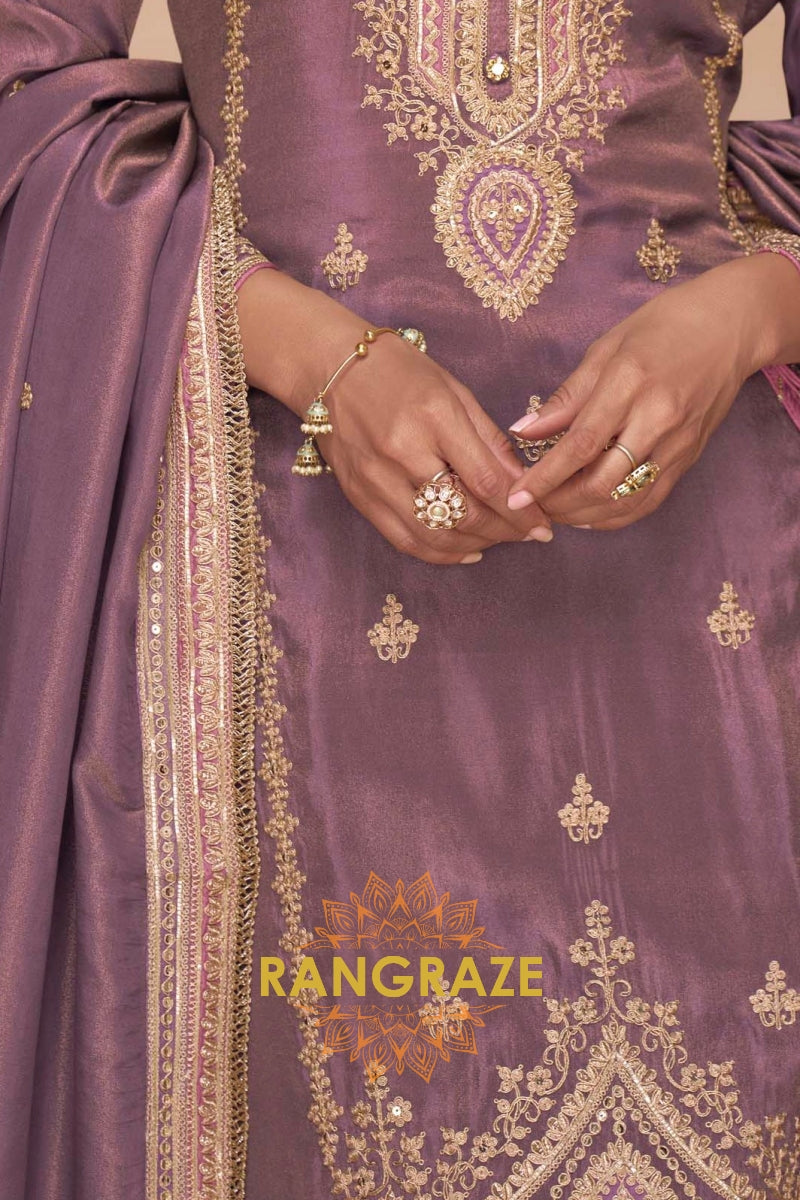 Mulberry Glow Silk Embroidered Suit Set – A Symphony of Regal Grace