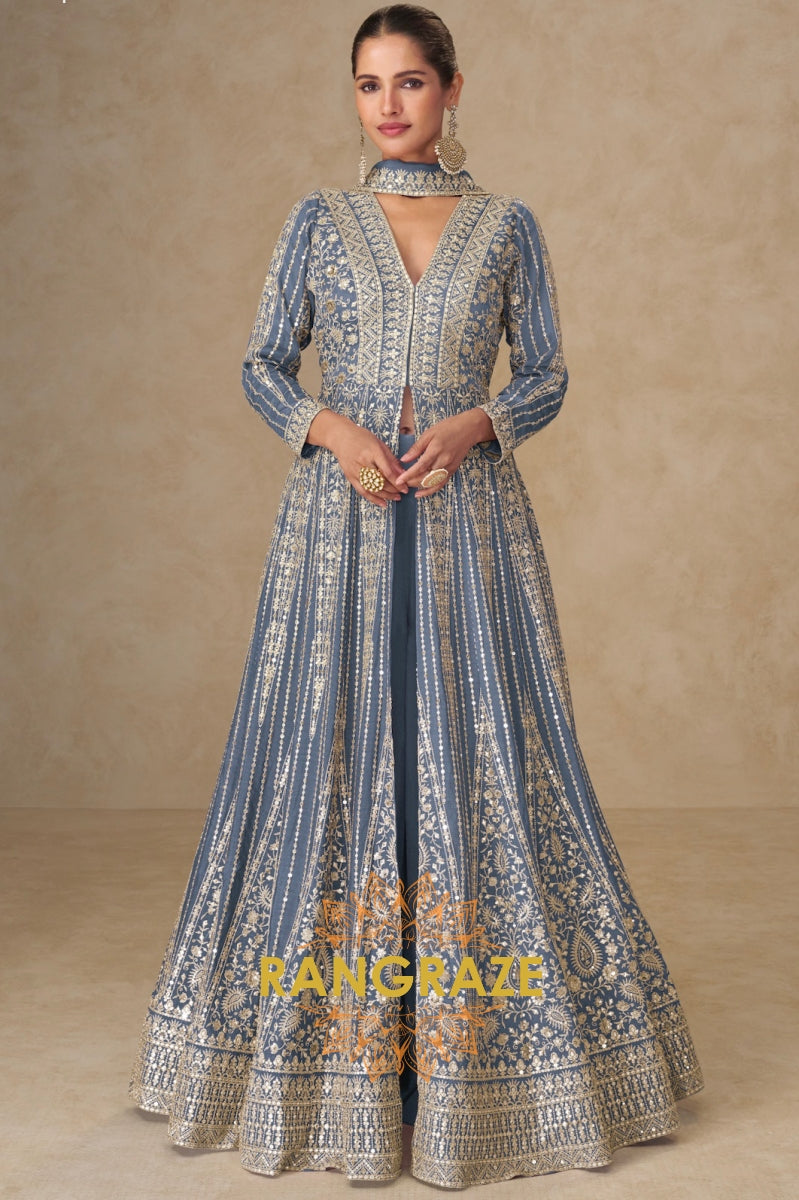 Smoky Blue Embroidered Anarkali Suit Set – A Vision of Poise and Royal Sophistication