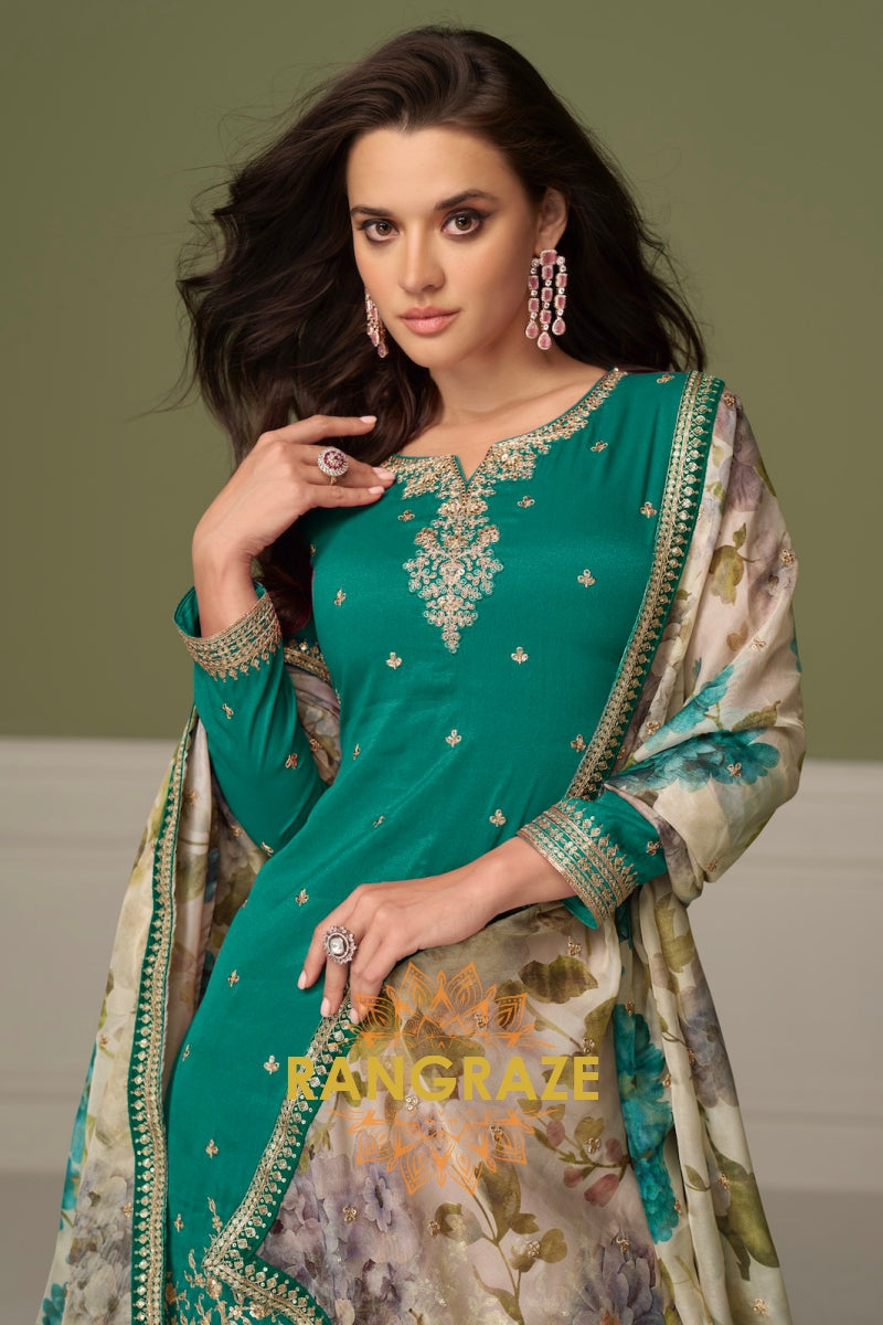 Emerald Grace Silk Embroidered Suit Set – Elegance in Bloom