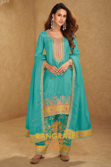 Aqua Gleam Silk Embroidered Suit Set – Refreshing Elegance with a Festive Glow