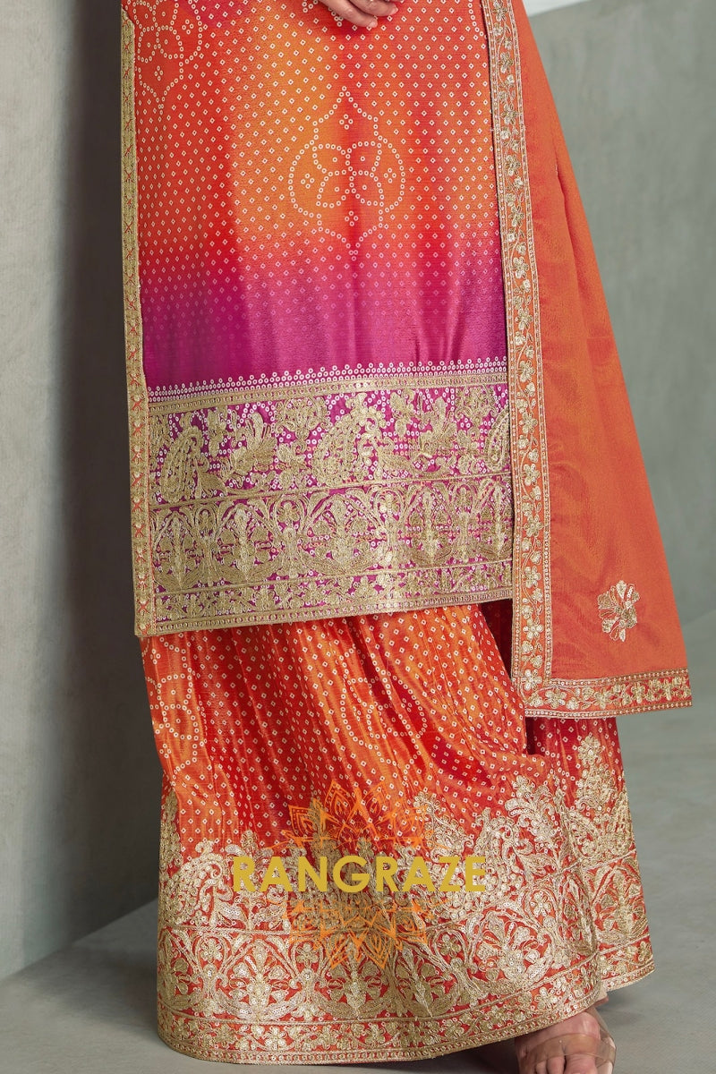 Sunset Radiance Chinnon Silk Embroidered Suit Set – A Celebration of Warmth and Grace