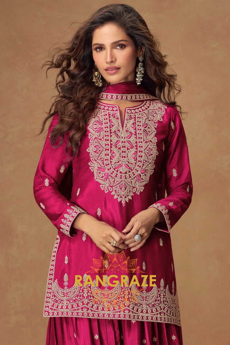Berry Wine Embroidered Sharara Suit Set – A Celebration of Glamour and Tradition