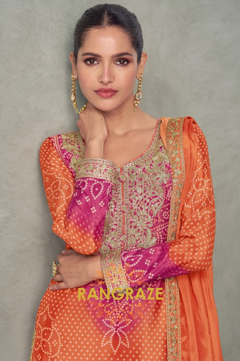 Sunset Radiance Chinnon Silk Embroidered Suit Set – A Celebration of Warmth and Grace