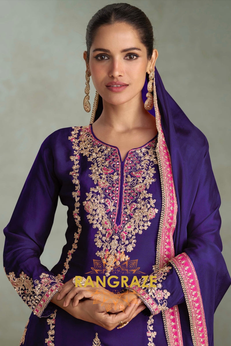 Royal Orchid Silk Embroidered Sharara Set – Majestic Elegance Redefined
