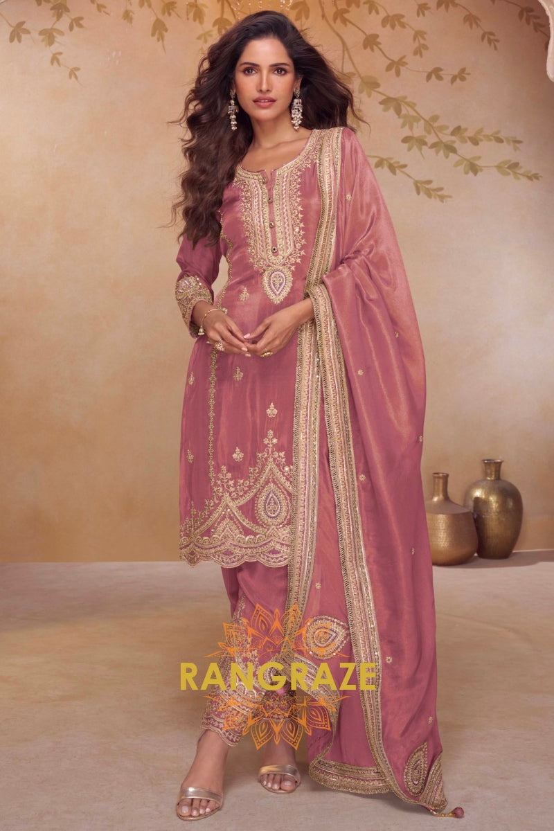 Rosewood Gleam Silk Embroidered Suit Set – A Tale of Soft Radiance