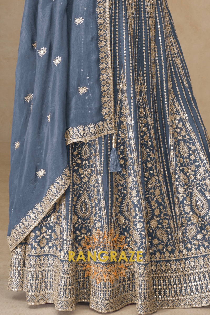Smoky Blue Embroidered Anarkali Suit Set – A Vision of Poise and Royal Sophistication