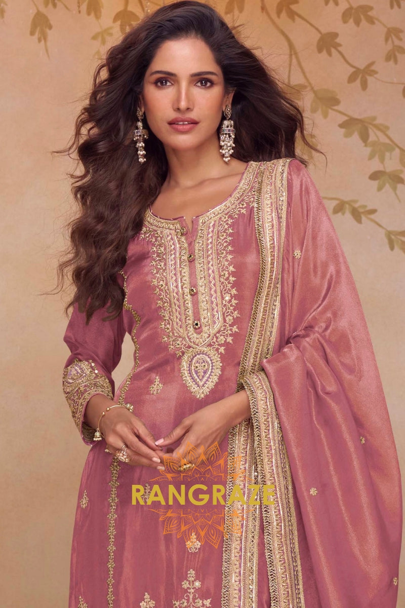 Rosewood Gleam Silk Embroidered Suit Set – A Tale of Soft Radiance