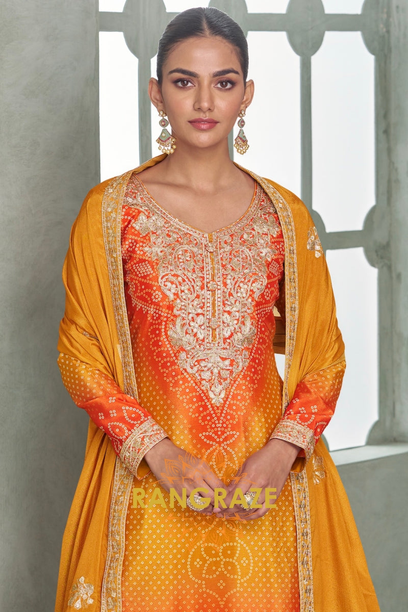 Golden Ember Chinnon Silk Embroidered Suit Set – A Symphony of Warm Radiance