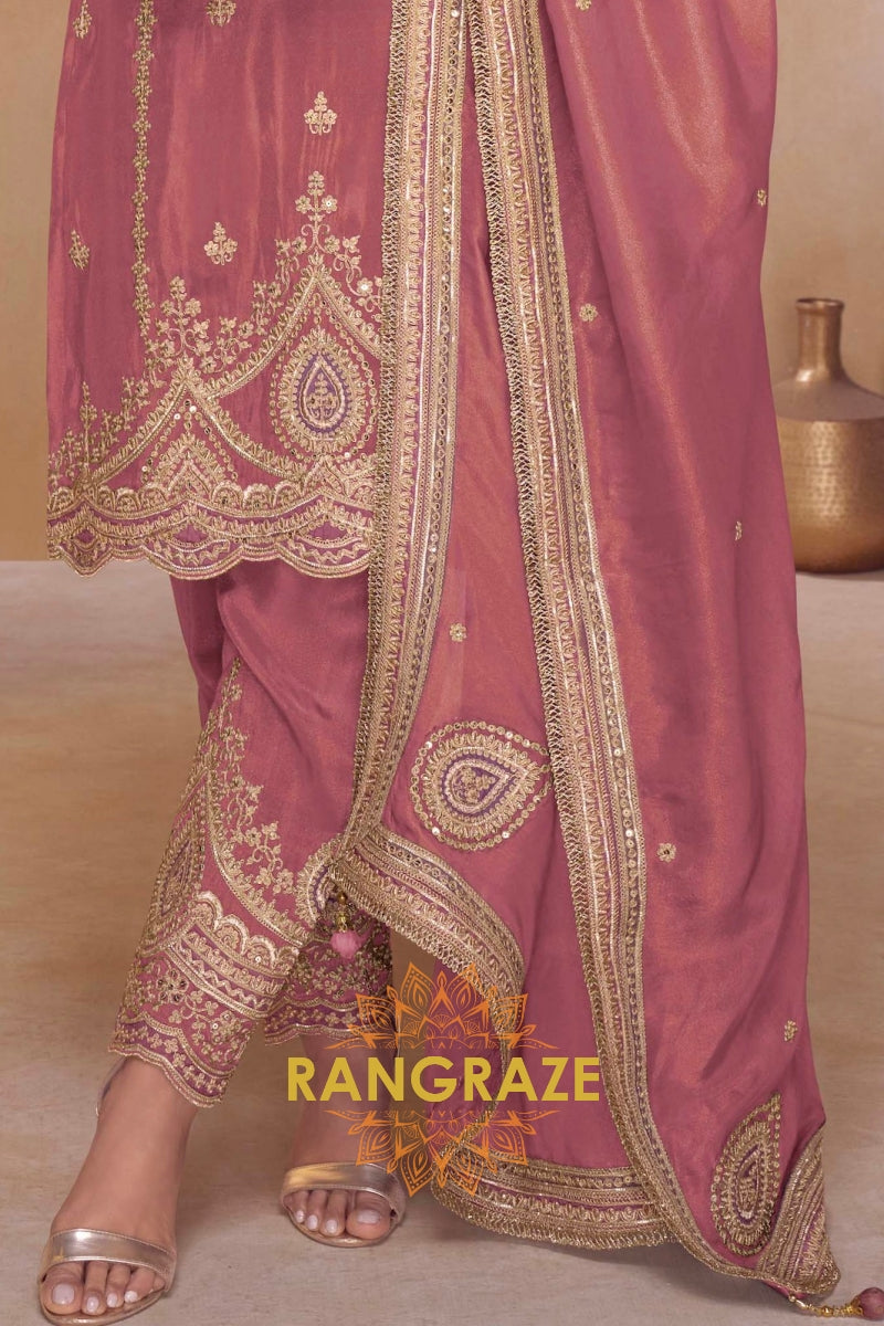 Rosewood Gleam Silk Embroidered Suit Set – A Tale of Soft Radiance