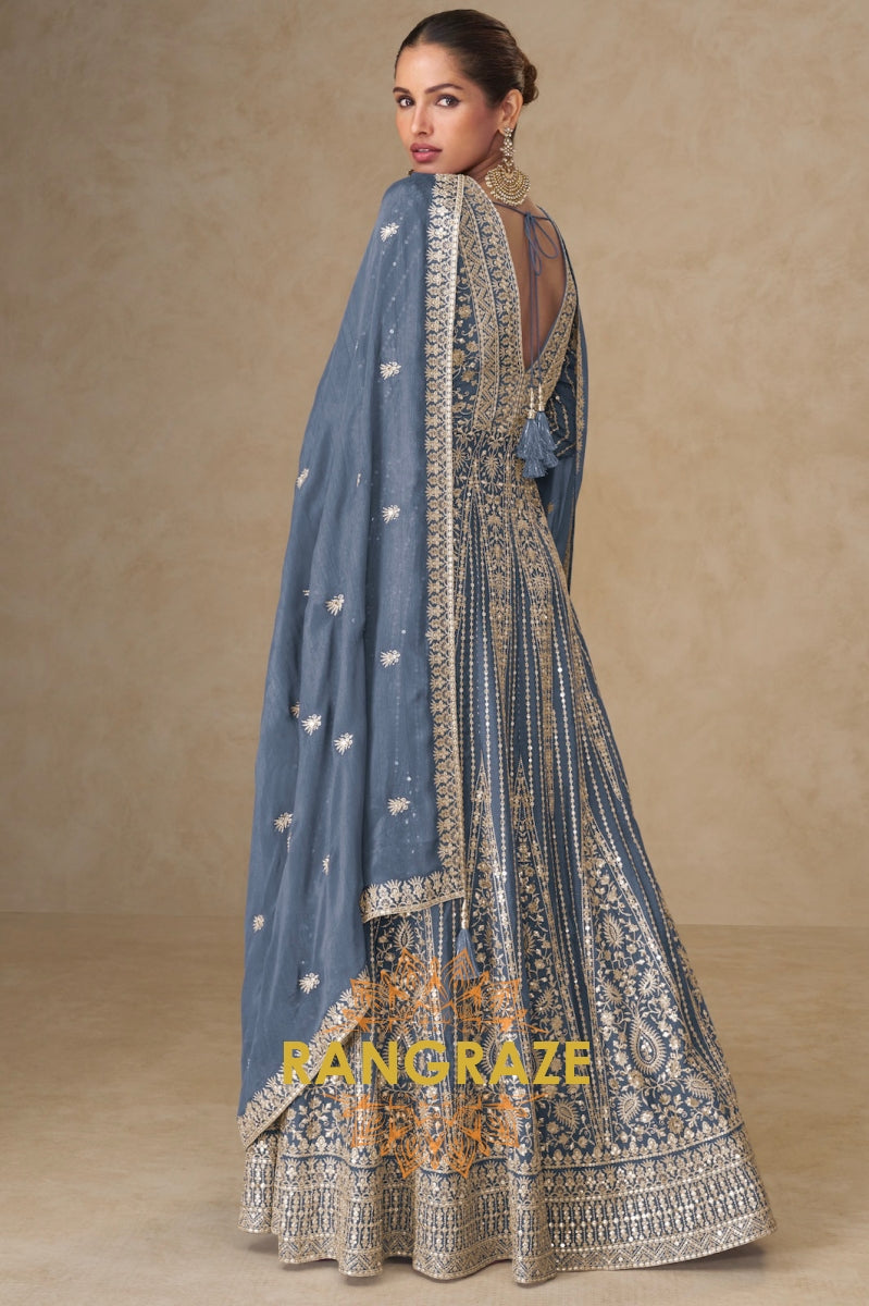 Smoky Blue Embroidered Anarkali Suit Set – A Vision of Poise and Royal Sophistication