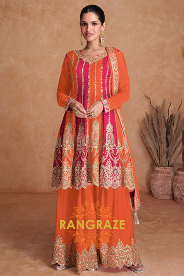 Tangerine Blossom Chinnon Silk Embroidered Sharara Suit – A Vision of Festive Splendor