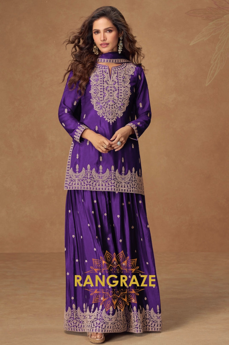 Royal Purple Embroidered Sharara Suit Set – A Regal Statement of Elegance