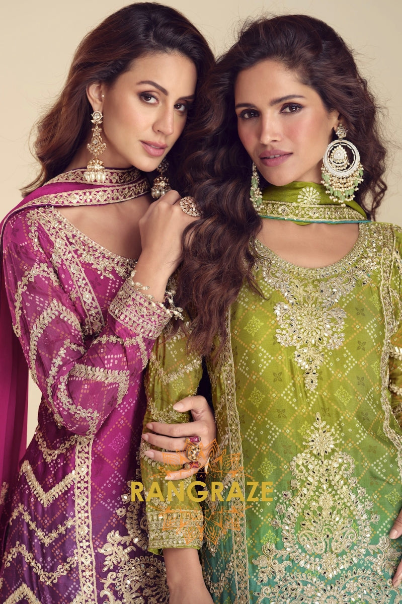 Mehndi & Turquoise Embroidered Sharara Suit Set – A Celebration of Heritage and Glamour