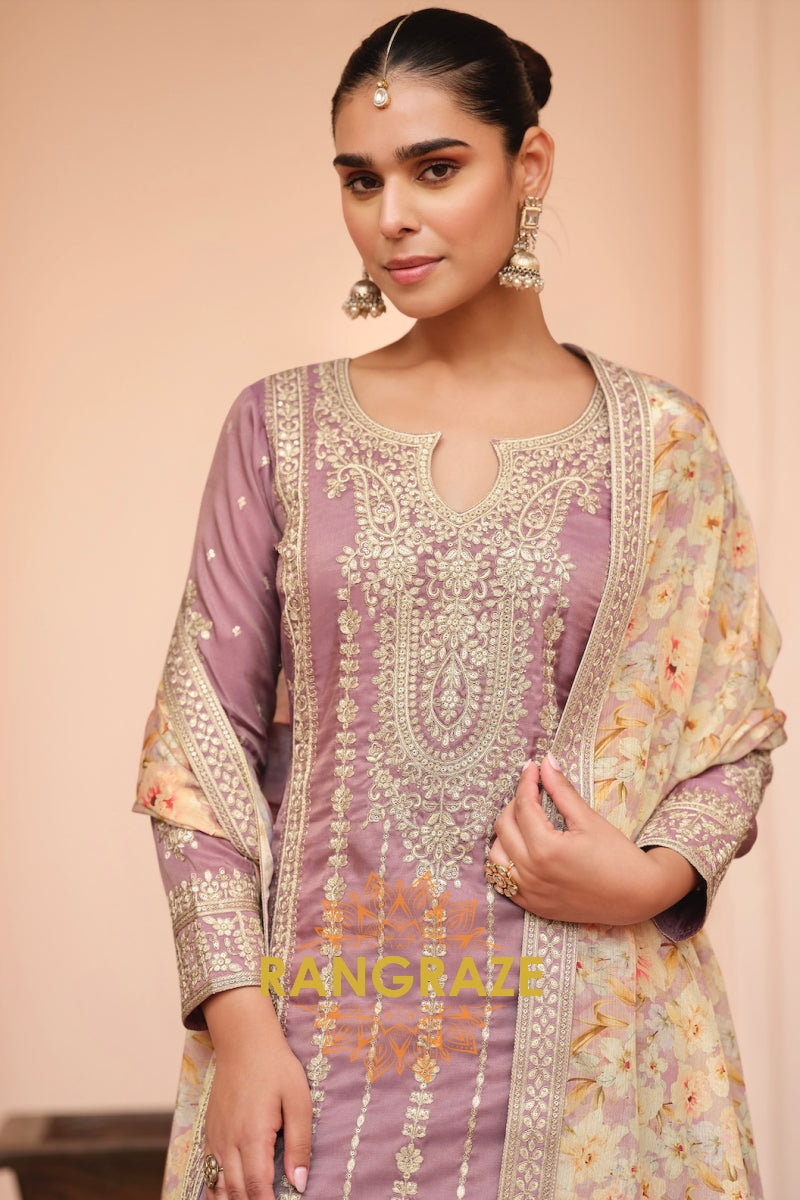 Lilac Bloom Simar Silk Embroidered Sharara Set – Soft Glamour Redefined