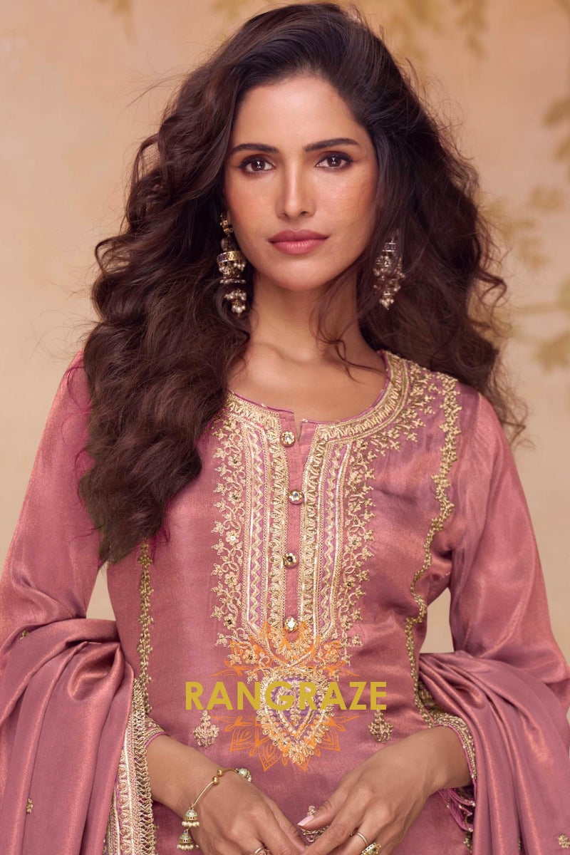 Rosewood Gleam Silk Embroidered Suit Set – A Tale of Soft Radiance