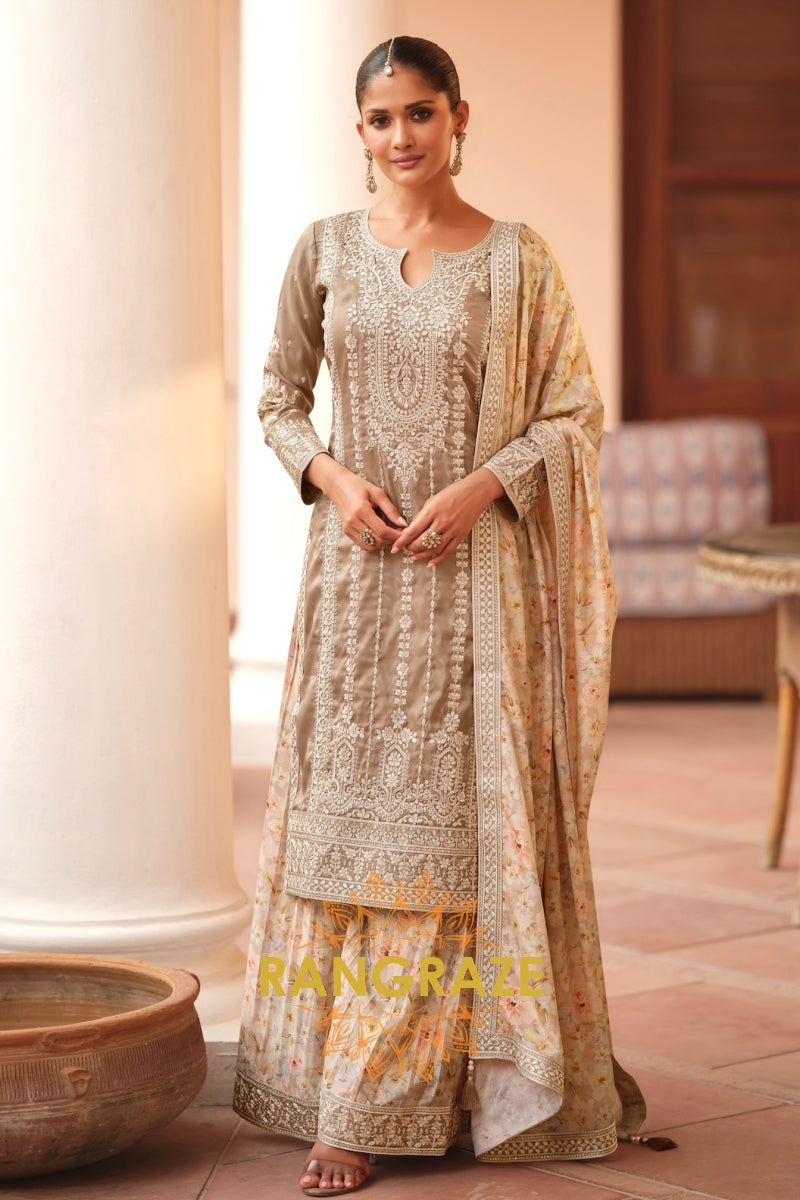 Mocha Mist Simar Silk Embroidered Sharara Suit Set – Understated Elegance in Every Stitch