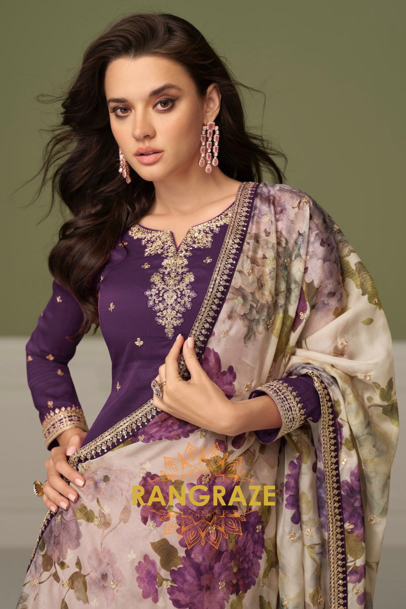 Amethyst Bloom Silk Embroidered Suit Set – A Symphony of Elegance