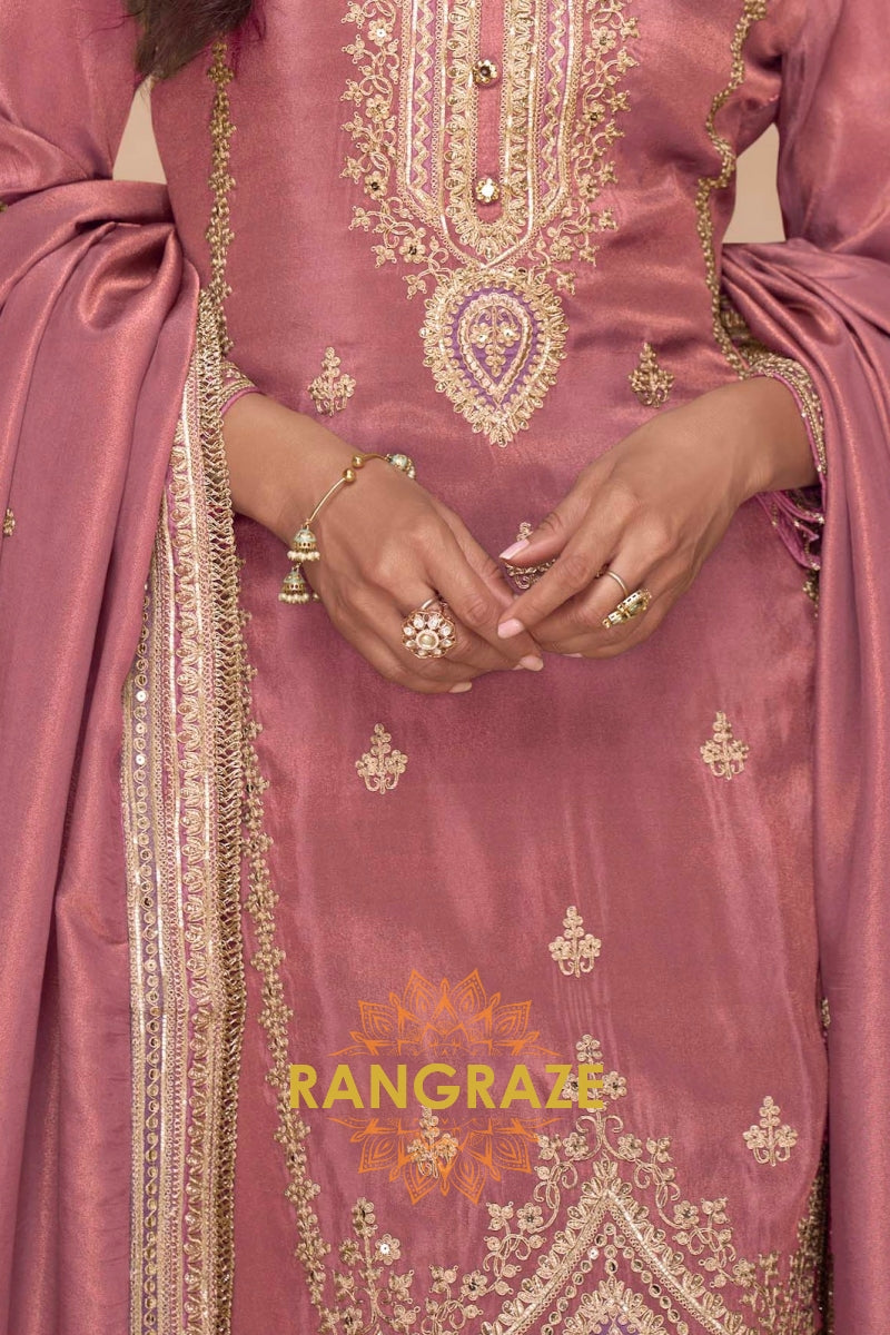 Rosewood Gleam Silk Embroidered Suit Set – A Tale of Soft Radiance