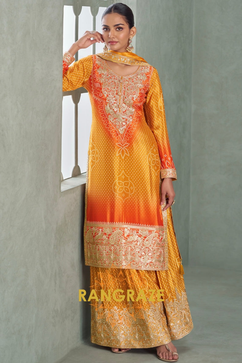 Golden Ember Chinnon Silk Embroidered Suit Set – A Symphony of Warm Radiance
