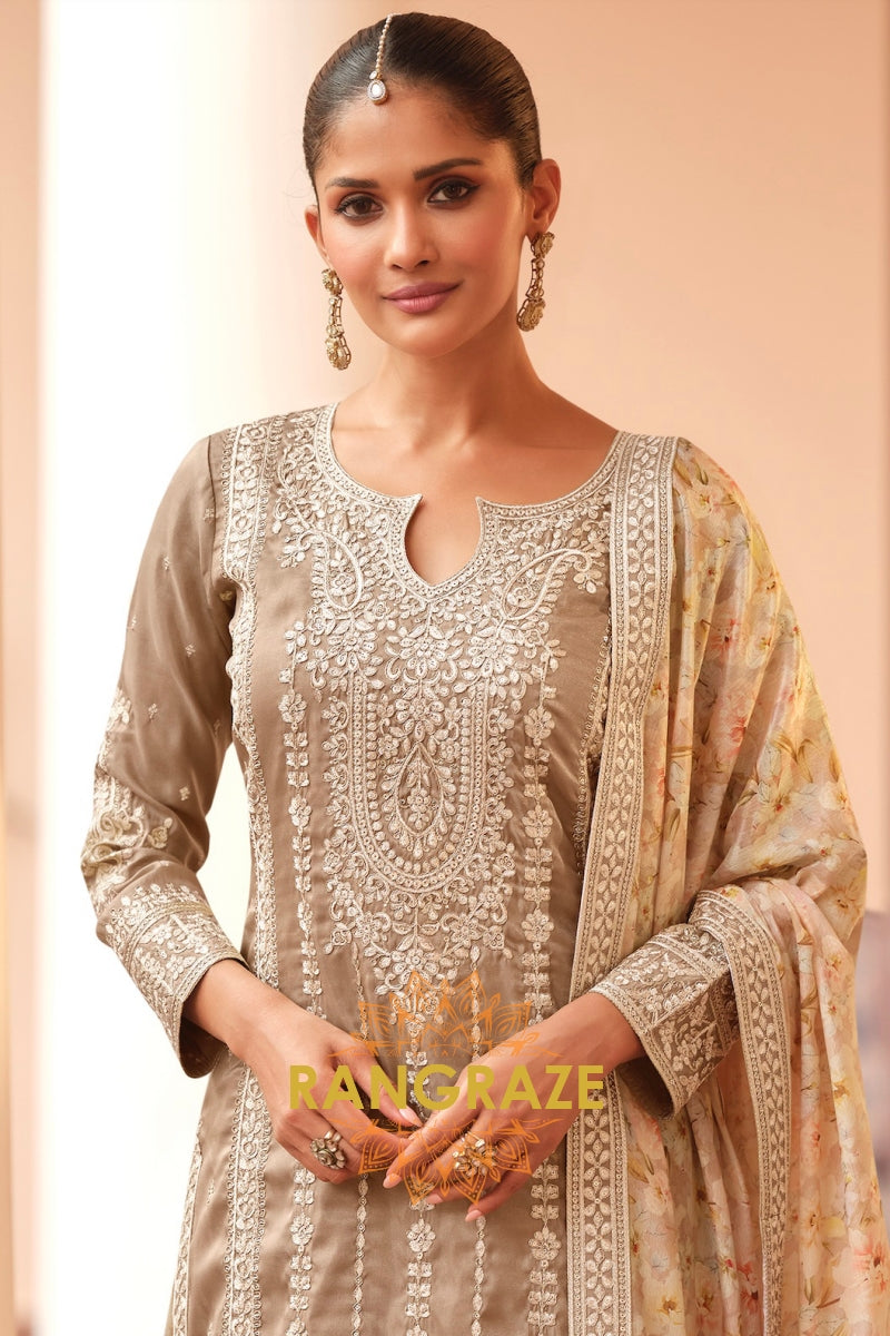Mocha Mist Simar Silk Embroidered Sharara Suit Set – Understated Elegance in Every Stitch