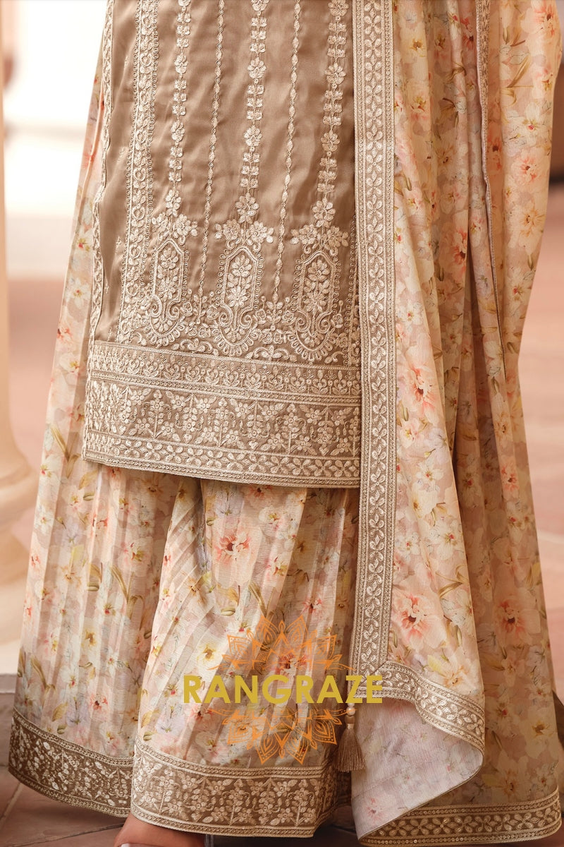 Mocha Mist Simar Silk Embroidered Sharara Suit Set – Understated Elegance in Every Stitch