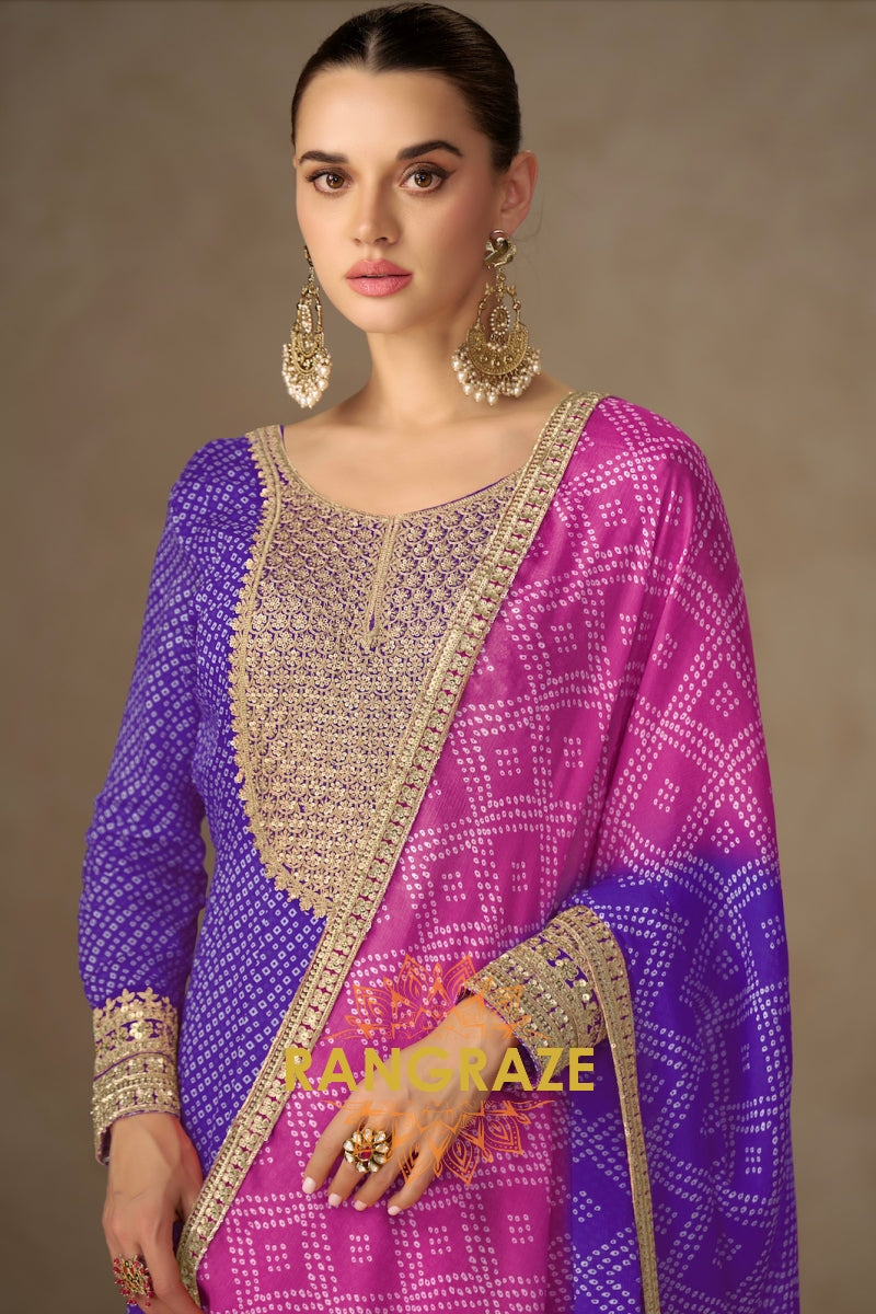 Royal Violet Bandhej Anarkali Set – A Symphony of Elegance