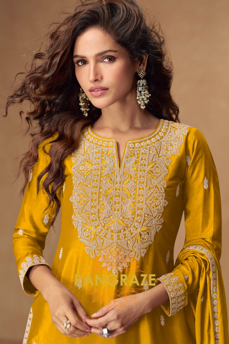Mustard Gold Embroidered Sharara Suit Set – Radiant Beauty with Regal Detailing