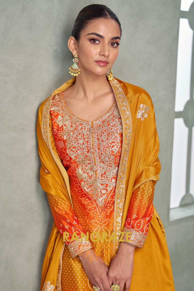 Golden Ember Chinnon Silk Embroidered Suit Set – A Symphony of Warm Radiance