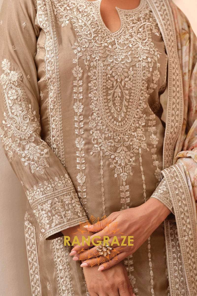 Mocha Mist Simar Silk Embroidered Sharara Suit Set – Understated Elegance in Every Stitch
