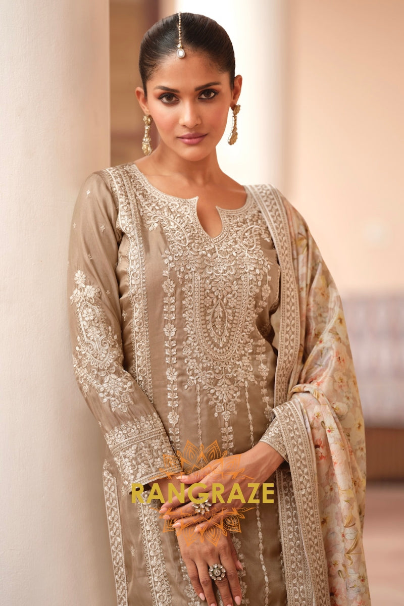 Mocha Mist Simar Silk Embroidered Sharara Suit Set – Understated Elegance in Every Stitch