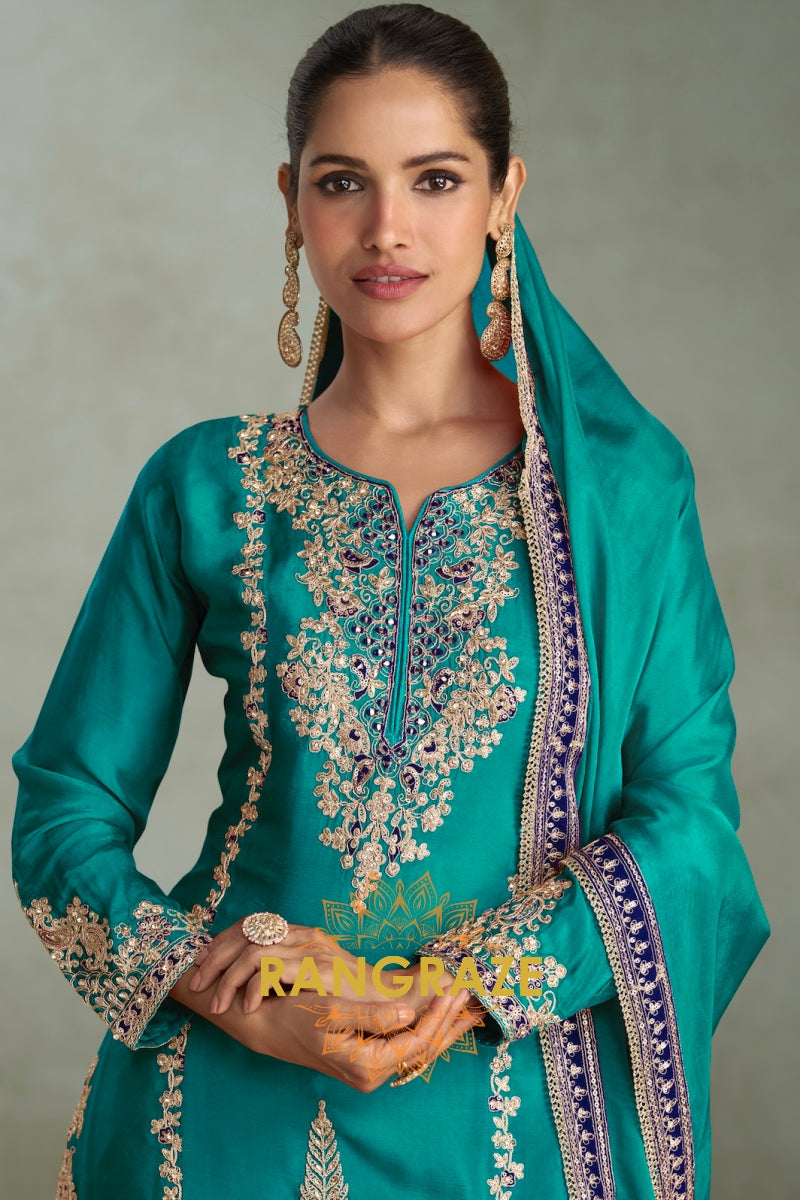 Emerald Majesty Chinon Silk Embroidered Sharara Set – A Jewel of Timeless Grace