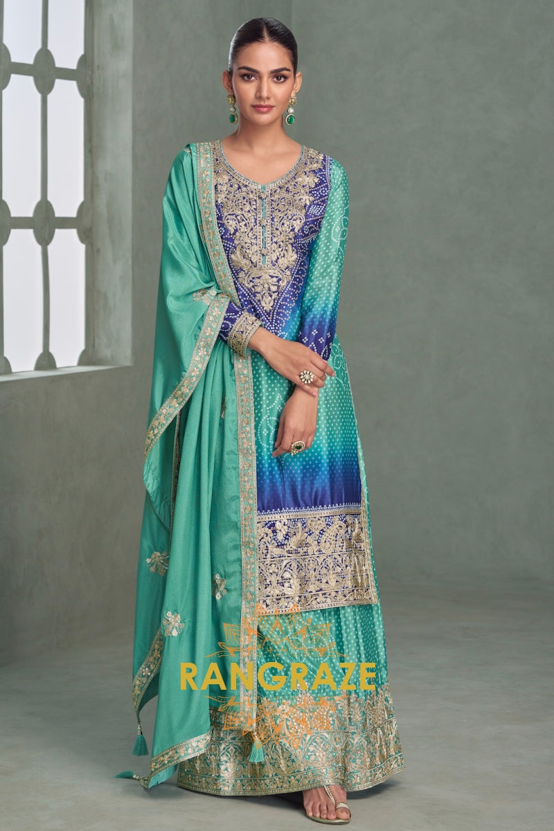 Azure Enchant Chinnon Silk Embroidered Suit Set – A Dream in Ocean Hues