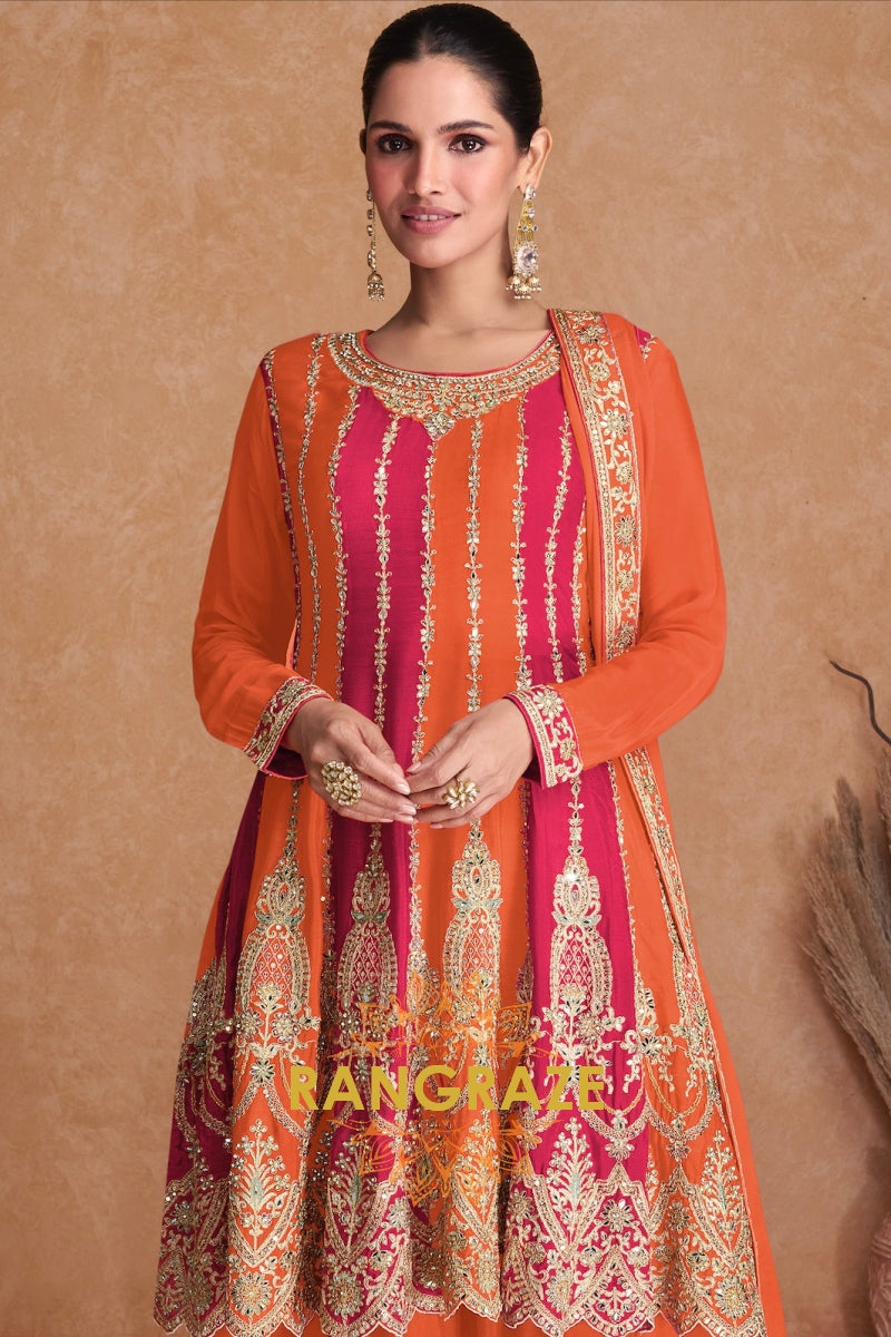Tangerine Blossom Chinnon Silk Embroidered Sharara Suit – A Vision of Festive Splendor