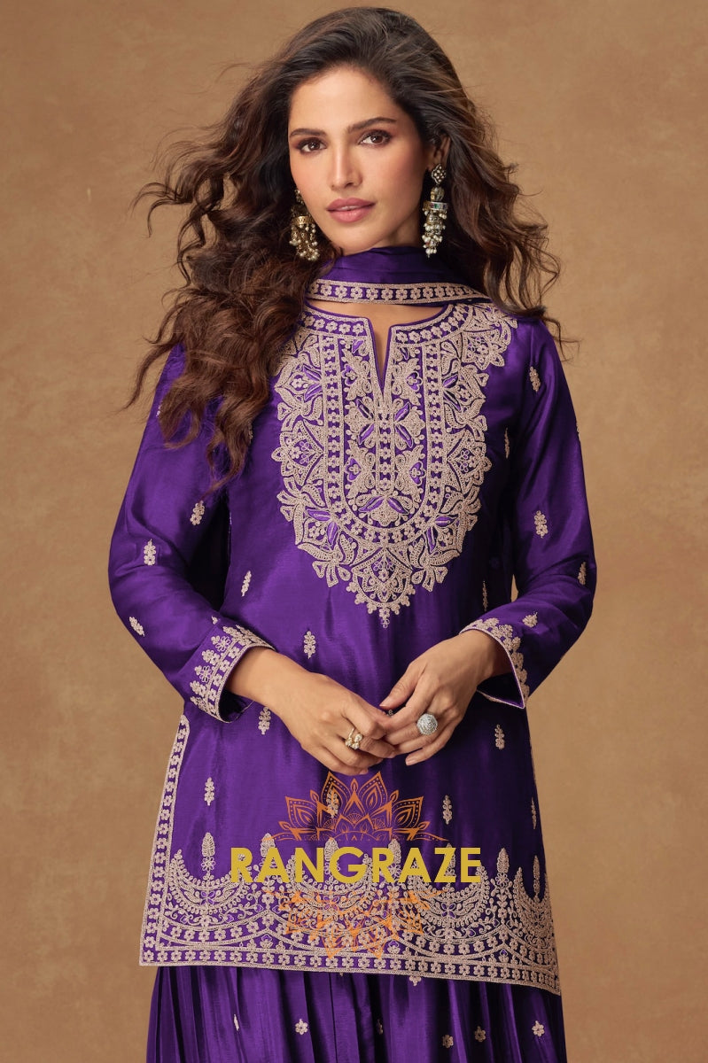 Royal Purple Embroidered Sharara Suit Set – A Regal Statement of Elegance
