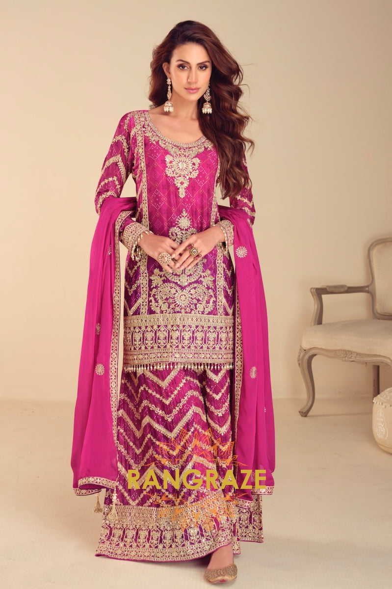 Fuchsia Zari Embroidered Sharara Suit Set – A Regal Ensemble