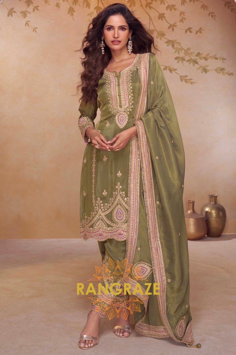Olive Reverie Silk Embroidered Suit Set – A Statement of Subtle Sophistication