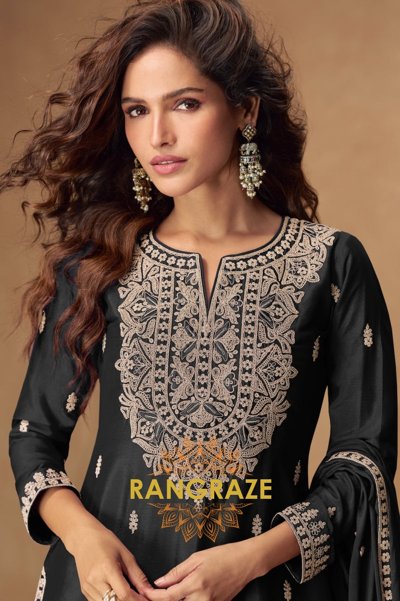Midnight Black Embroidered Sharara Suit Set – A Symphony of Elegance and Power