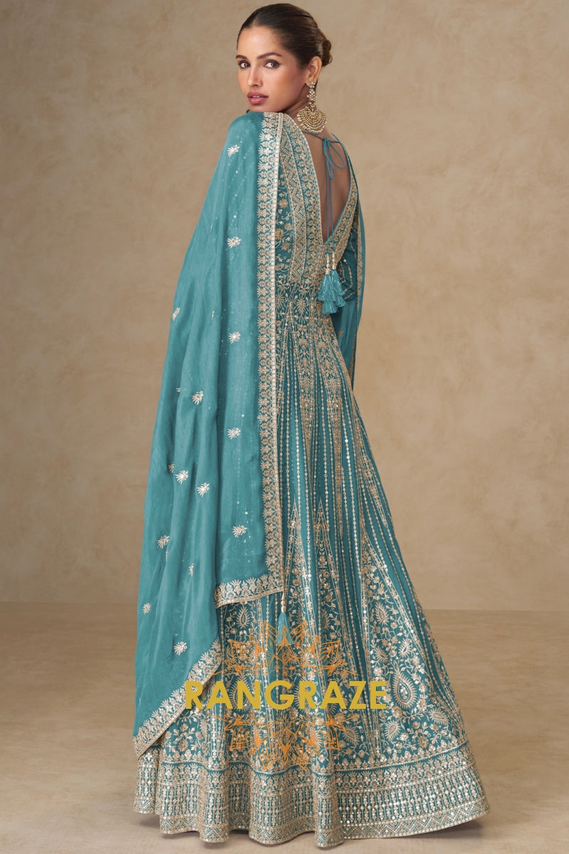 Teal Blue Embroidered Anarkali Suit Set – A Symphony of Grace and Grandeur