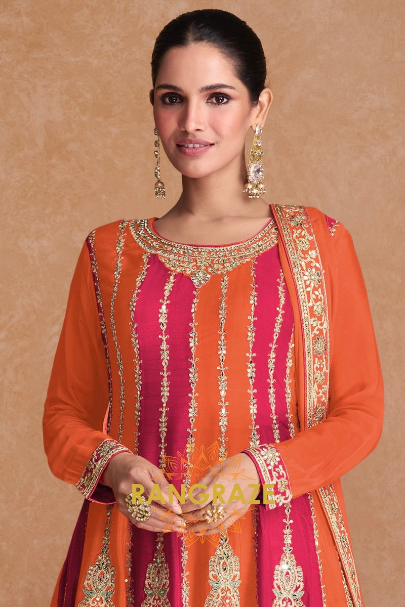 Tangerine Blossom Chinnon Silk Embroidered Sharara Suit – A Vision of Festive Splendor