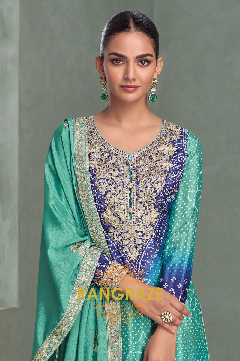 Azure Enchant Chinnon Silk Embroidered Suit Set – A Dream in Ocean Hues