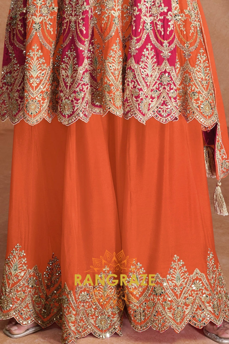 Tangerine Blossom Chinnon Silk Embroidered Sharara Suit – A Vision of Festive Splendor