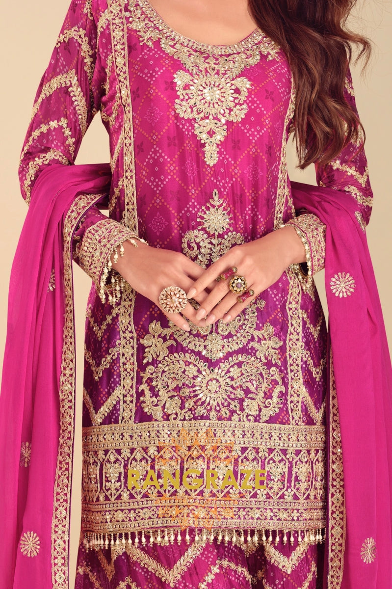 Fuchsia Zari Embroidered Sharara Suit Set – A Regal Ensemble