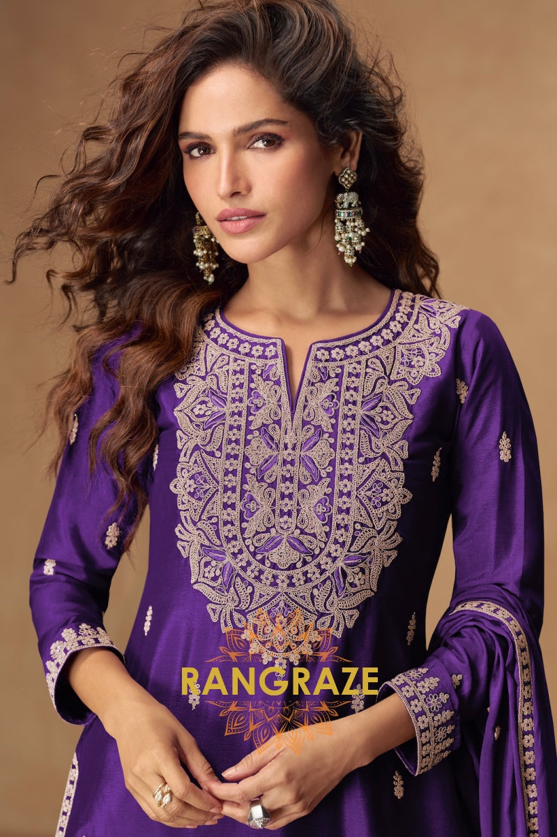 Royal Purple Embroidered Sharara Suit Set – A Regal Statement of Elegance
