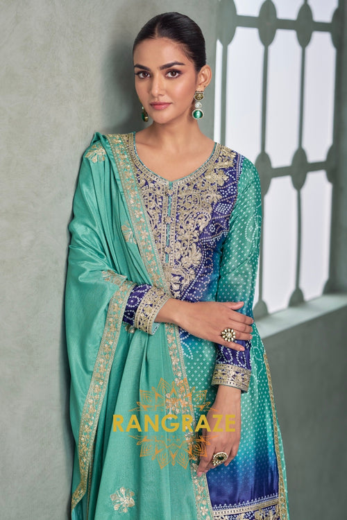 Azure Enchant Chinnon Silk Embroidered Suit Set – A Dream in Ocean Hues