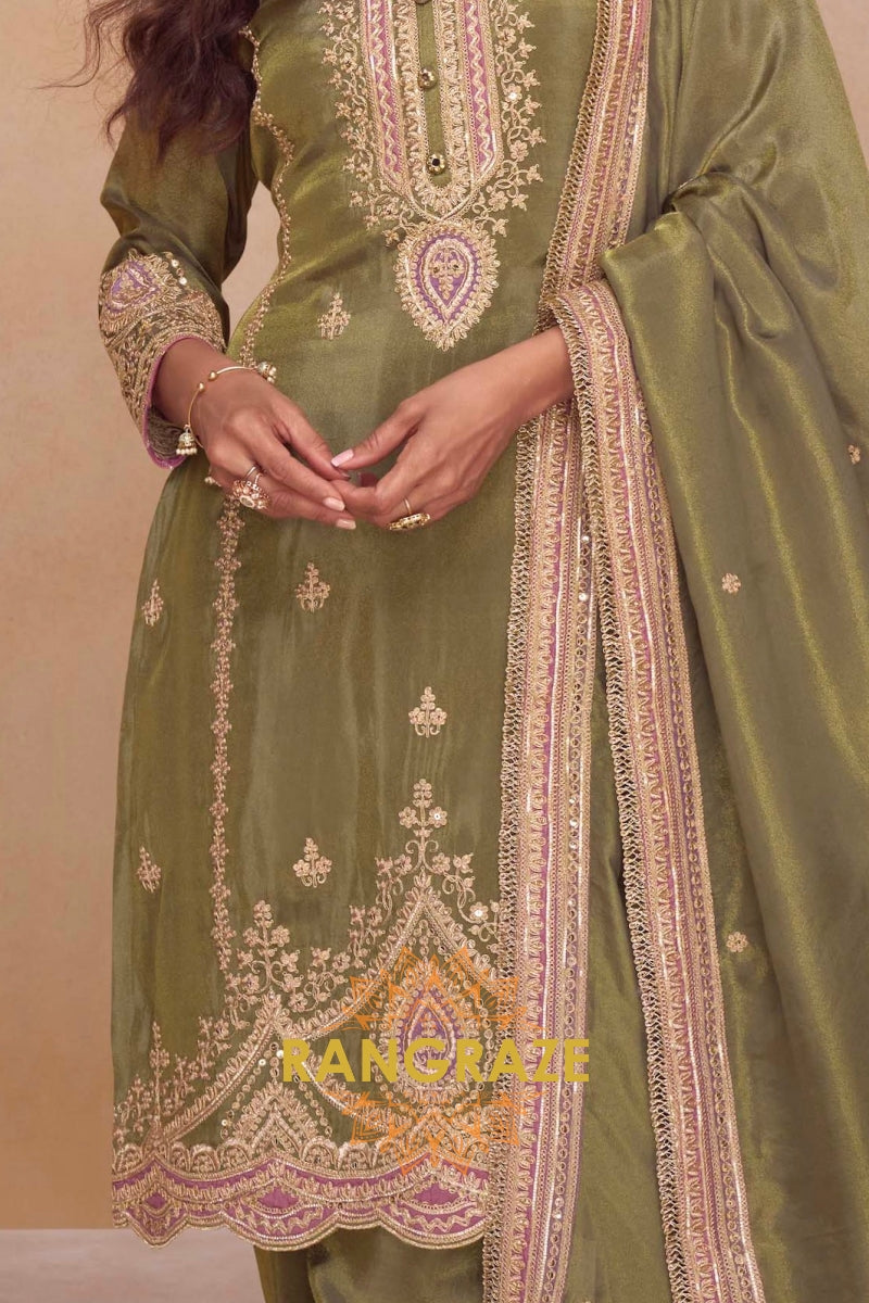 Olive Reverie Silk Embroidered Suit Set – A Statement of Subtle Sophistication