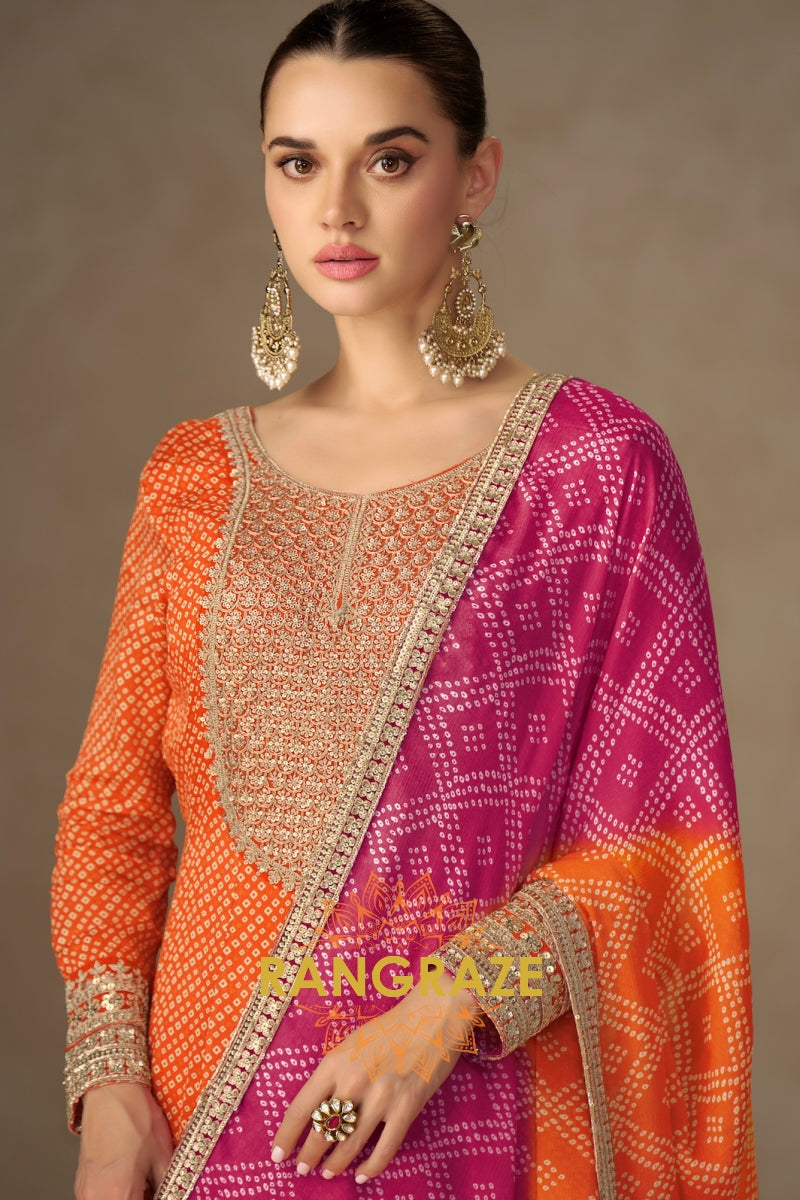 Sunset Bandhej Chinon Anarkali Set – A Symphony of Color and Heritage